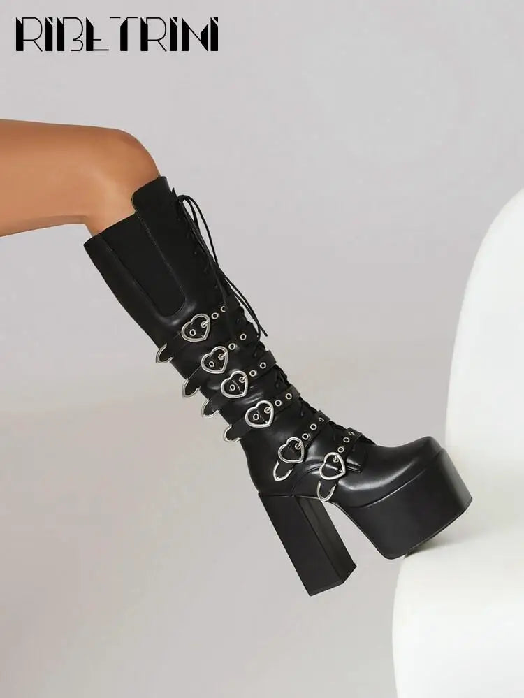 Cool Women Motorcycle Boots High Heeled Knee High Sassy Platform Shoes Lace Up Zip Luxury Designer Brand Winter Street Booties