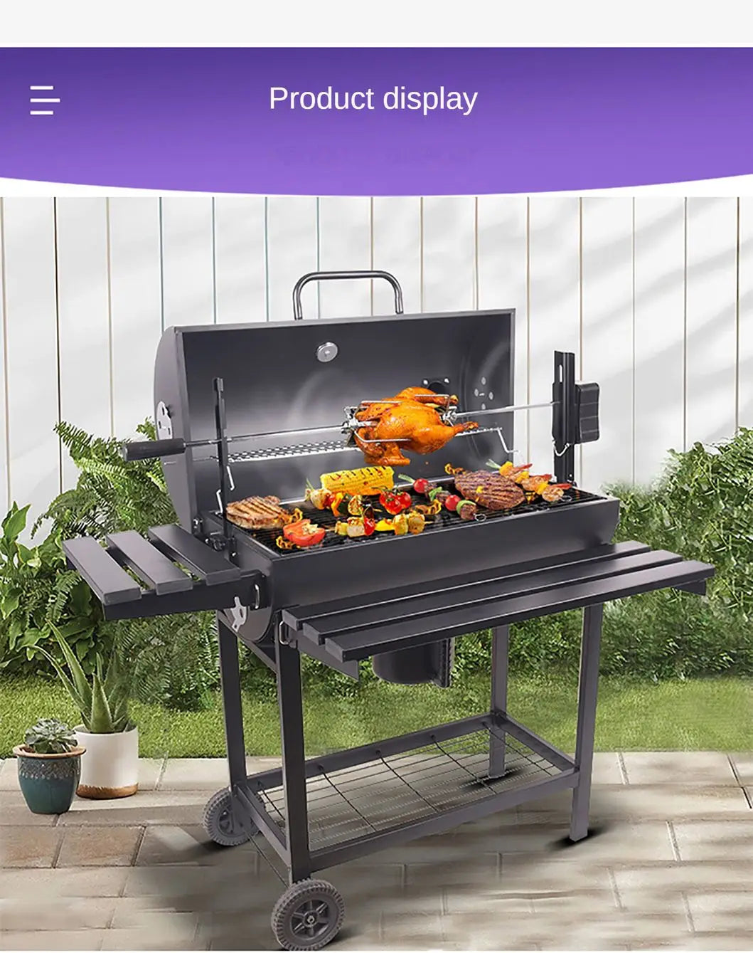 Portable Oil Drum Barrelbackyard Charcoal, Barbeque BBQ Grills Equipped with Electric Rotating Grilling Bracket