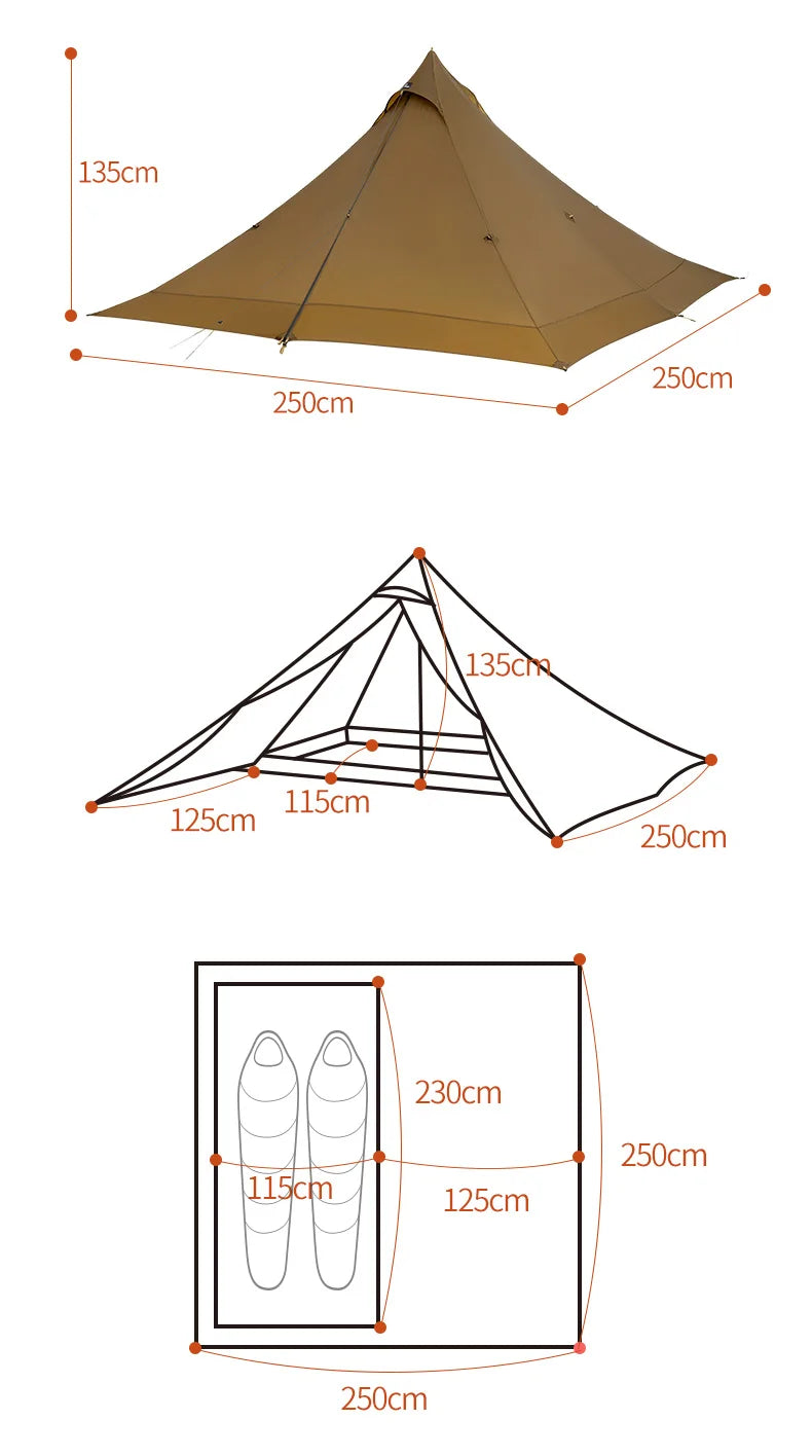 ThousWinds Capricorns 2 Person Trekking Pole Tent Ultralight 15D Ripstop Nylon Hiking Backpack Tent Outdoor Camping Pyramid Tent