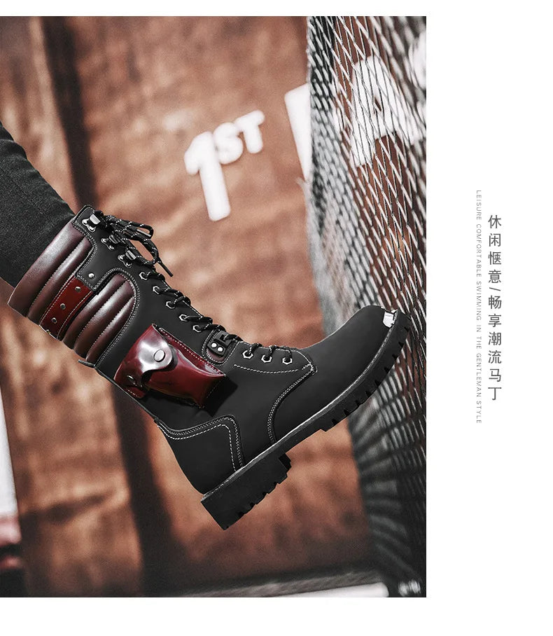 Men Motorcycle Boots Fashion Mid-Calf Punk Rock Punk PU Leather Black High Top Mens Casual Boot Steel Toe Shoes Big Size 38-46