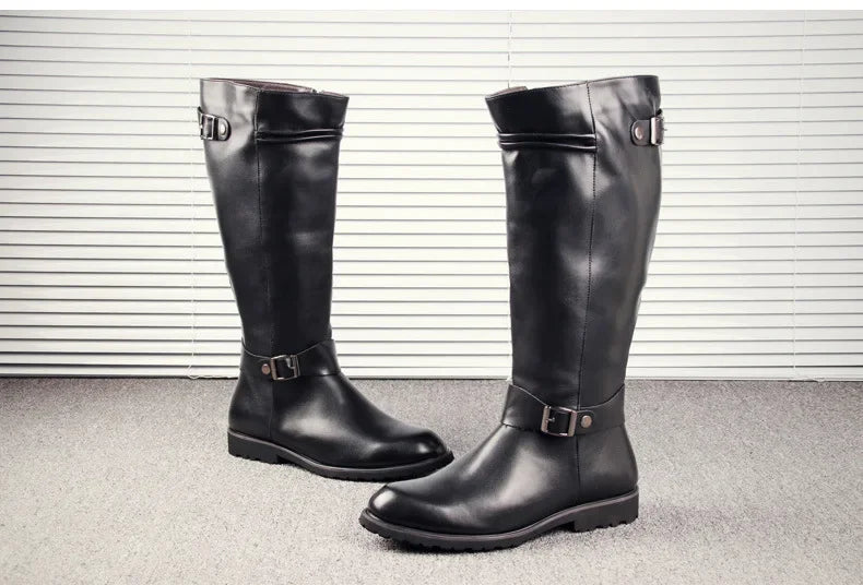 Pop British Mens Black Leather Knee High Boots Desiger Zip Long Motorcycle Shoes Antique Cosplay Stage Botas Casual Comfort Zapa