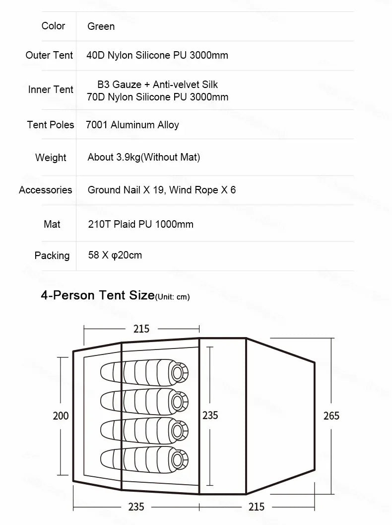Naturehike-Ultralight Opalus Tunnel Double Tent, Outdoor Camping, Hiking, 2, 3, 4 Persons