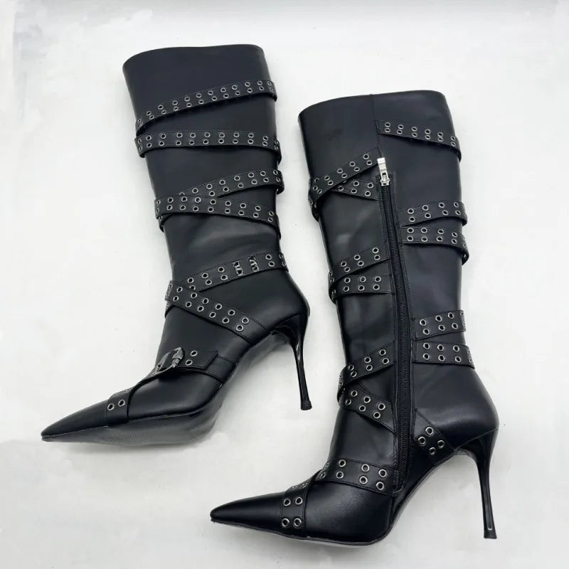Brand Cross Strap Riveted Retro Silvery Knee High Boots New Spicy Girl Pointed High Heel Motorcycle Boots Fashion Women Shoes