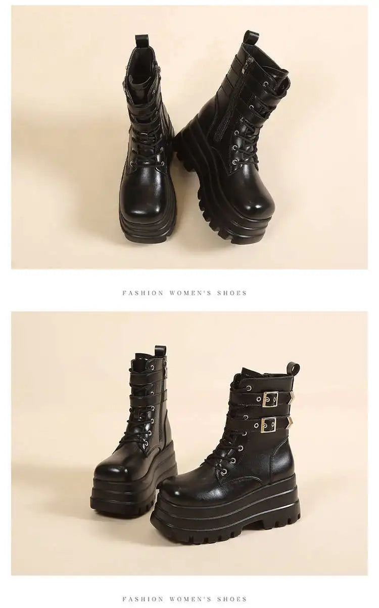 Women Boots British Belt Buckle 2025 Autumn New Height Increasing Thick Soled Short Boot Lace Up Zipper Fashion Motorcycle Boots