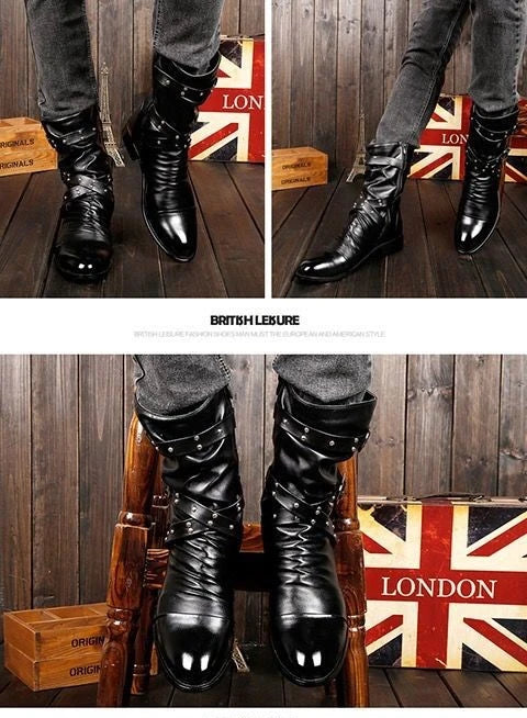 Winter Pointed Toe Men's Mid-calf Boots Buckle Strap Chelsea Boot for Men Leather Mens Motorcycle Boots High Top Man Winter Shoe