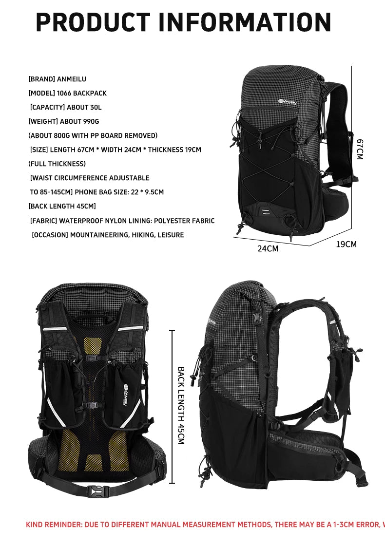 Anmeilu Mountaineering Backpack 30L Large Capacity Men Women Outdoor Travel Hiking Off-road Lightweight Sports Backpack