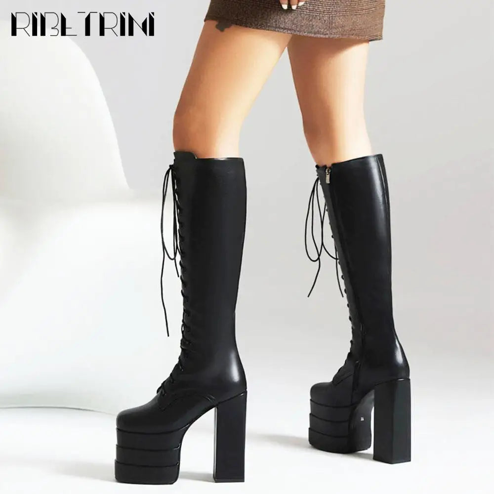 Cool Women Motorcycle Boots High Heeled Knee High Sassy Platform Shoes Lace Up Zip Luxury Designer Brand Winter Street Booties