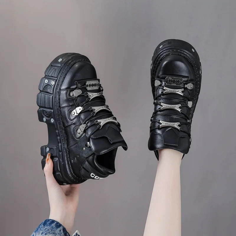 2025 New Black Dad Shoes 8cm Platform Women's Heavy Metal Personality Goth Punk Boots Men