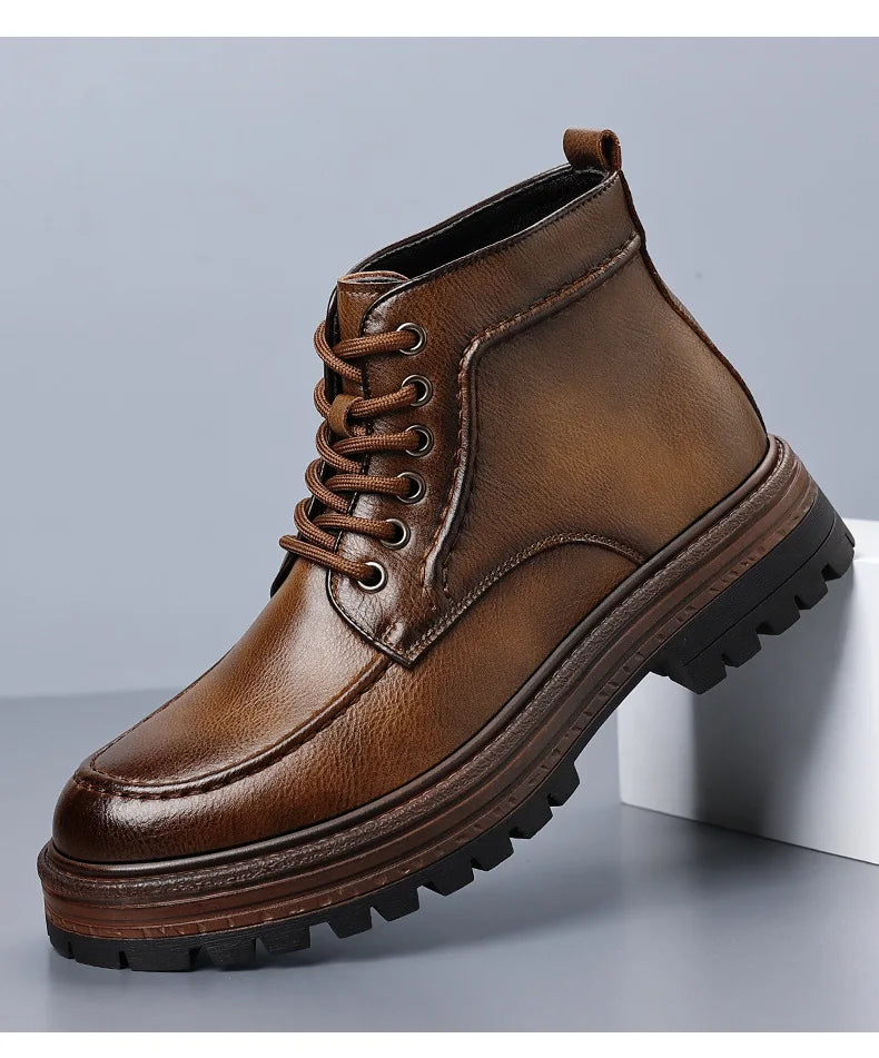 2025 Autumn Winter New Platform Boots for Men Keep Warm Fashion Casual Ankle Boot Male Solid Color Outdoor Cow Leather Shoes Man