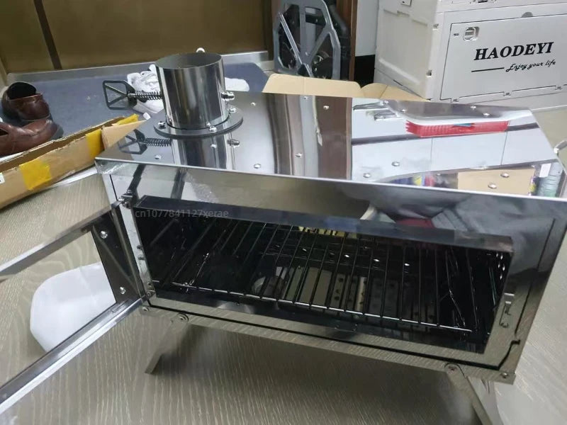 Outdoor tent camping, heat-resistant glass observation stove, portable foldable stainless steel winter heating wood stove
