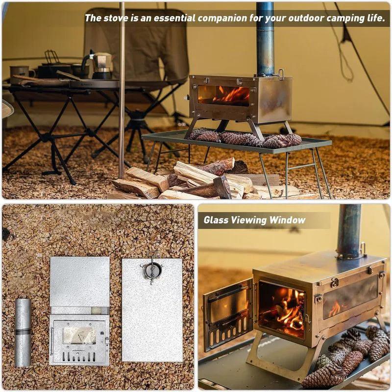 Stainless Steel Portable Tent Stove Foldable with Side Glass Chimney Burner Camping Wood Stove Heating Cooking Grill