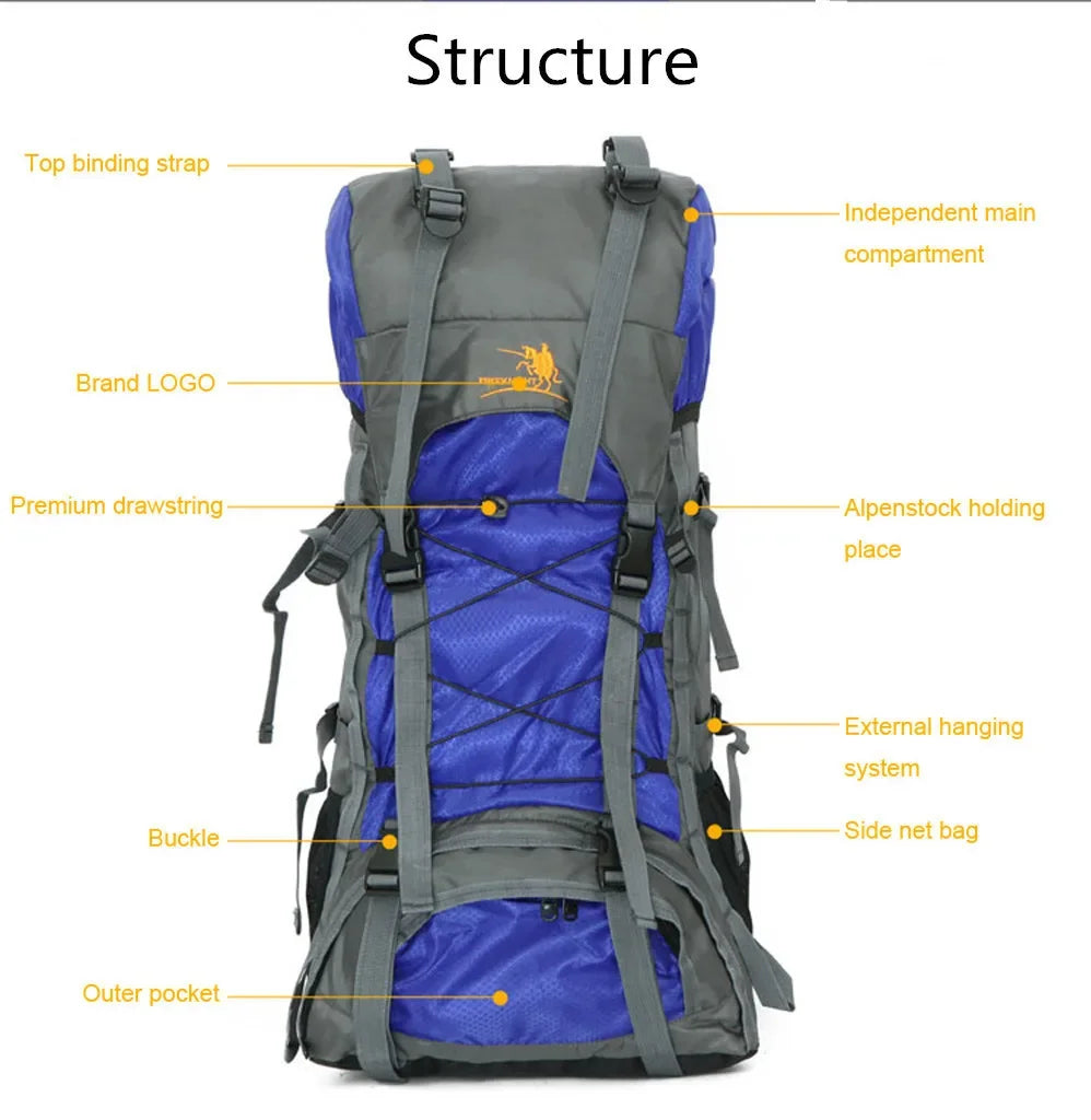 Nylon Water Resistant Outdoor Hiking Backpack 60L Large Capacity Camping Climbing Sports Bag Backpack Man Woman Riding Rucksack