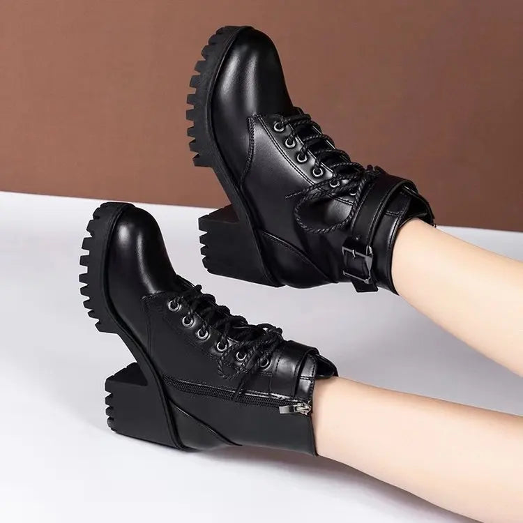 Winter Women's Boots 2025 New Lace Up Boots for Womens Fashion Thick Heel Side Zipper Ankle Boots Warm Female Motorcycle Shoes