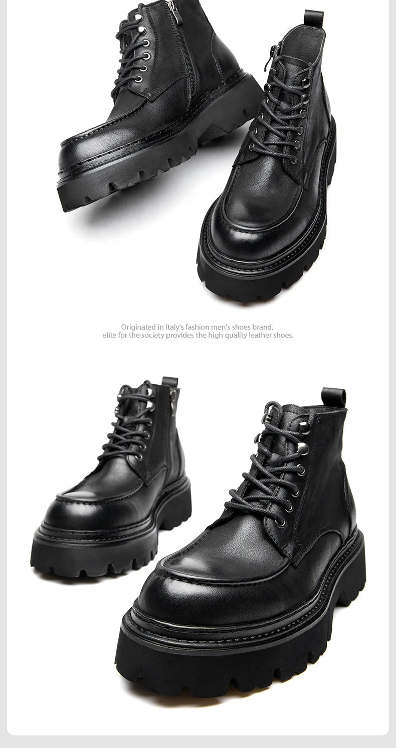 Men's Motorcycle Boots Genuine Leather High Top Motorbike Ankle Boots Thick Soled Vintage Round Toe Casual Punk Dress Shoes