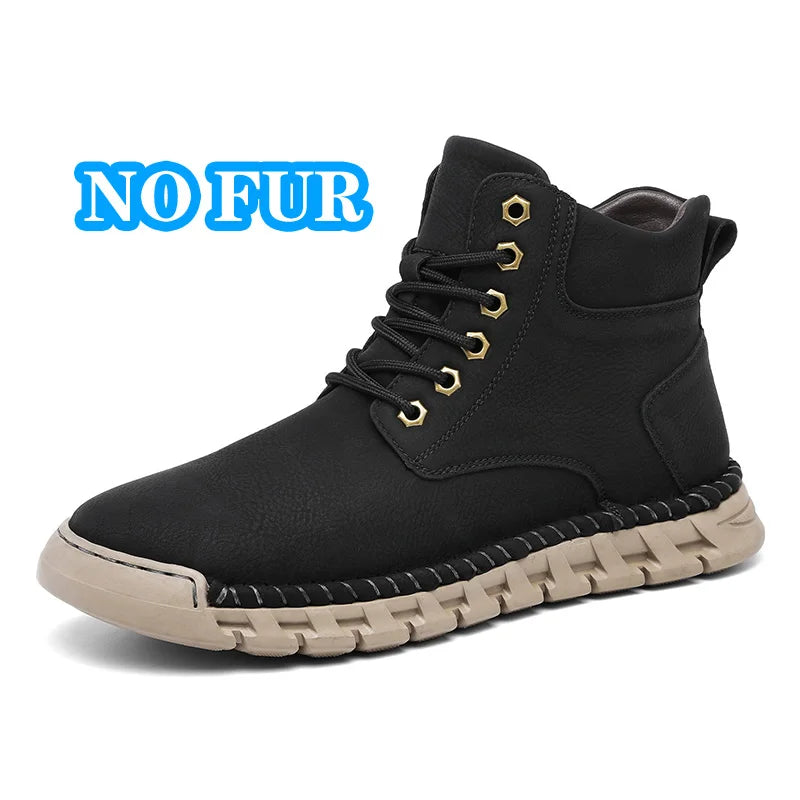 Lace-Up Men's High Top Shoes Classic Winter Men Ankle Boots Version Casual Motorcycle Boots Male Winter Plush Snow Leather Botas