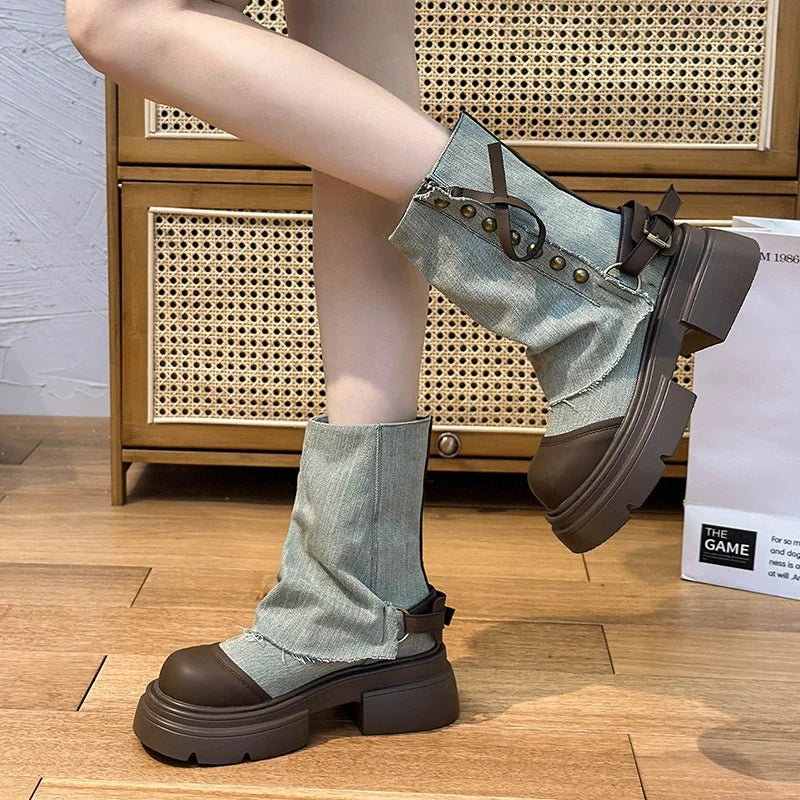 Fall Student Fashion Ankle Boots New Canvas Cowboy Shoes Women's Outdoor Platform Boots Luxury Designer Brand Motorcycle Boots