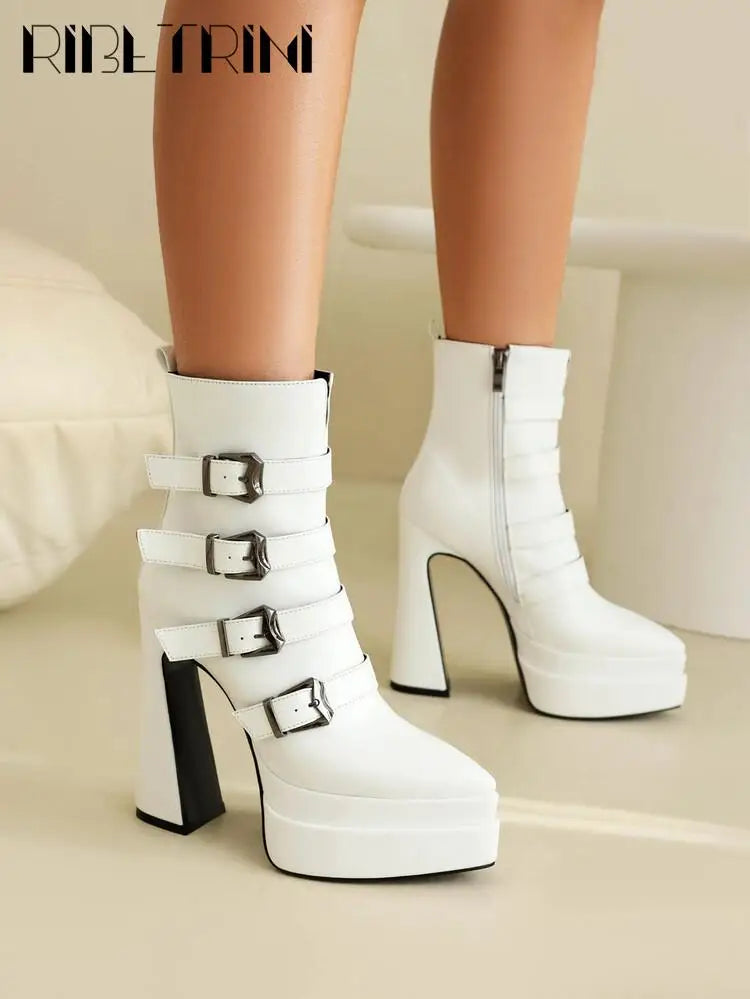Platform Women Boots Pounted Toe High Heeled Double Platform Shoes Ankle Buckle Punk Goth Cool Fashion Brand Winter Boots Woman