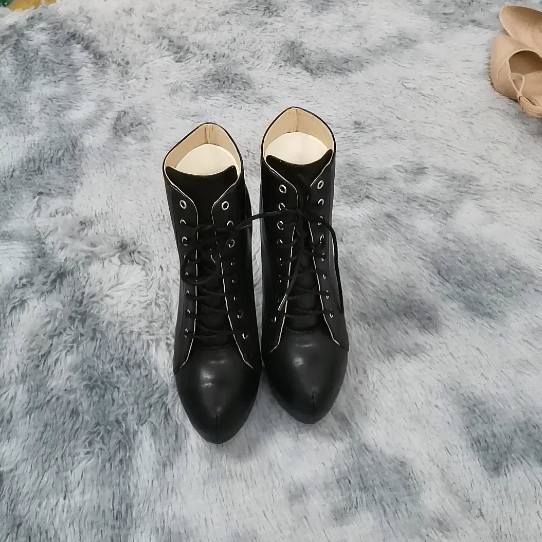 Women Ankle Boots Autumn Winter Sexy Round Toe Pole Dance High Heels Pumps Fashion Zip Lace-Up Chelsea Shoes Female Big Size 43