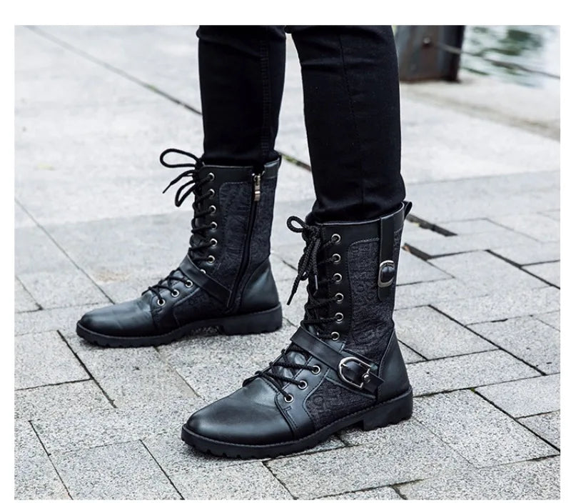 2025New Men Boots Fashion Mid-calf Boots Trend Motorcycle Boot High Top Casual Boots for Men Plush Warm Winter Boot Botas Hombre