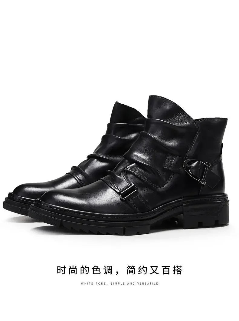 2025 Retro Men's Motorcycle Leather Boots British Style Round Head High Top Shoes Casual Platform Boots Moto Street Gear
