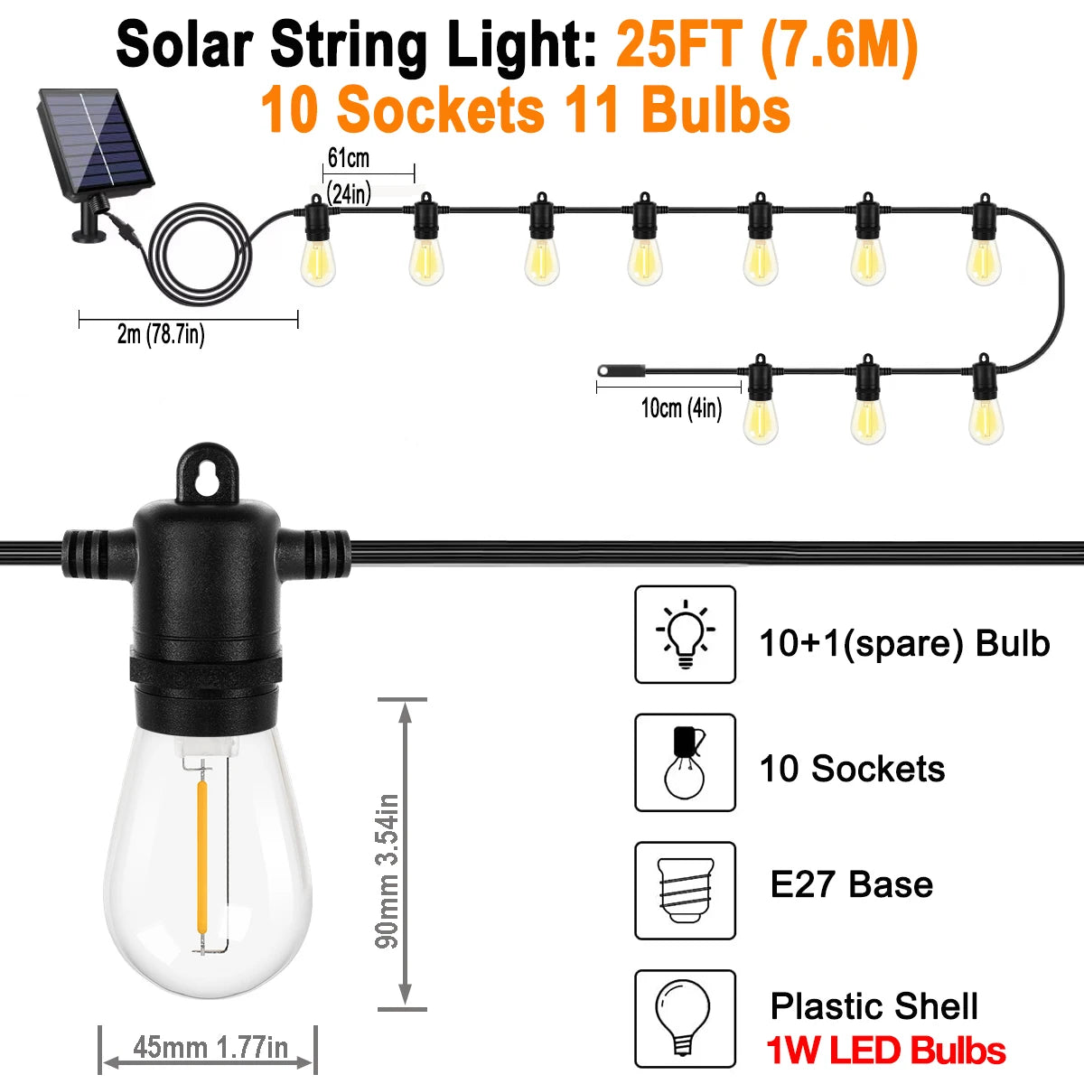 Waterproof Solar Outdoor Lights Garland E27 Shatterproof Socket Solar Light for Outdoor Decorative Solar Garden Lights Fairy