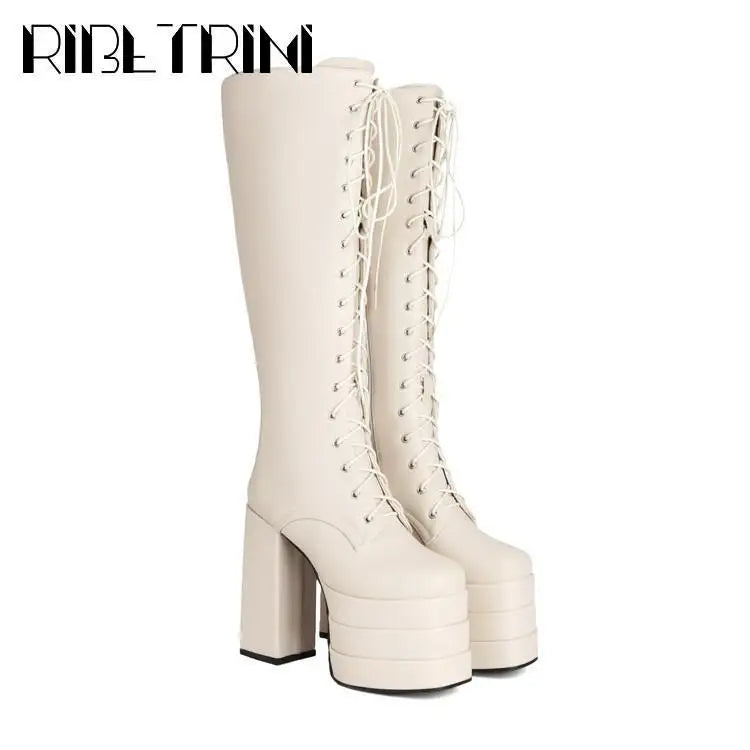 Cool Women Motorcycle Boots High Heeled Knee High Sassy Platform Shoes Lace Up Zip Luxury Designer Brand Winter Street Booties
