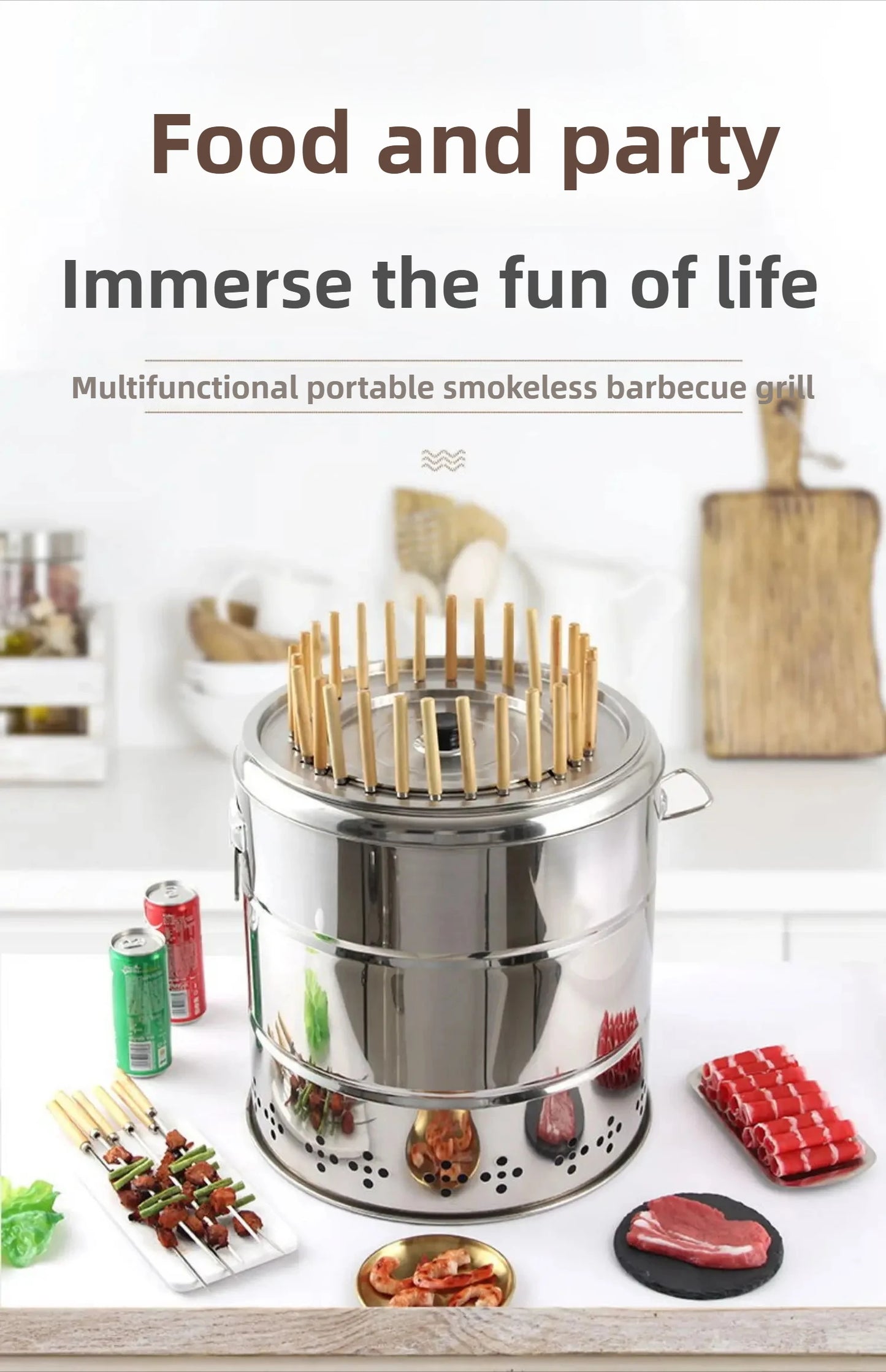 Smokeless Barrel BBQ Grill, Charcoal Rotisserie for Home, Commercial, Outdoor Meat Skewer, Portable Roaster