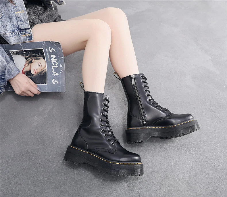 Women Boots Genuine Leather Platform Boots Motorcycle Designer Shoes Woman Zipper Optical Soles Fashion Sexy Punk Long Boots 39