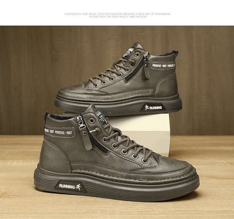 Leather Boots for Men Zipper Man Sneakers Fashion Ankle Boots High Top Man Boots Solid Sports Shoes 2024 Trend Motorcycle Boot