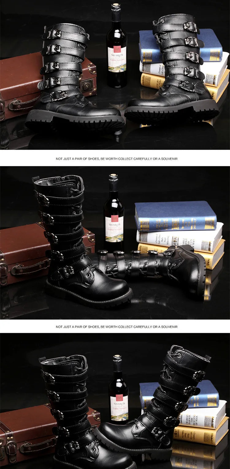 Men Winter Motorcycle Boots Mid-Calf Punk Rock Punk Shoes Mens PU Leather Black High Top Casual Boot Man Motorcycle Boots