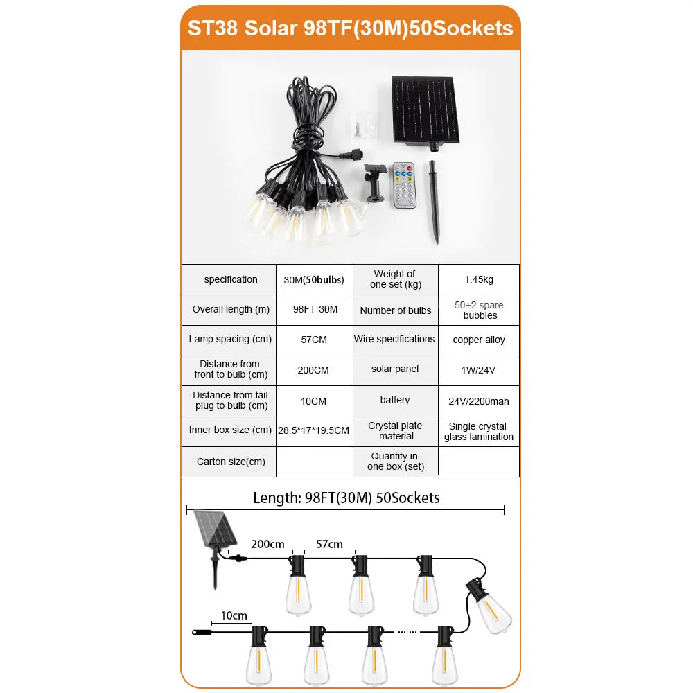 ST38 Solar String Light Outdoor Garland Led Waterproof  Shatterproof Solar String Lights for Outside Camping Yard Party Decor