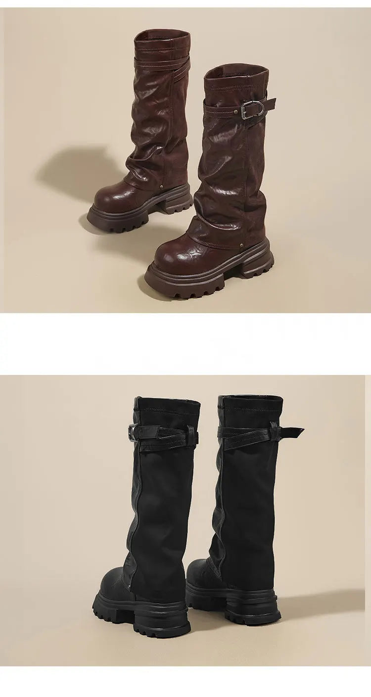 Fujin 8cm Knee High Boots Sexy for Women Platform Heel Motorcycle Booties Punk Genuine Leather Autumn Comfortable Chunky Shoes