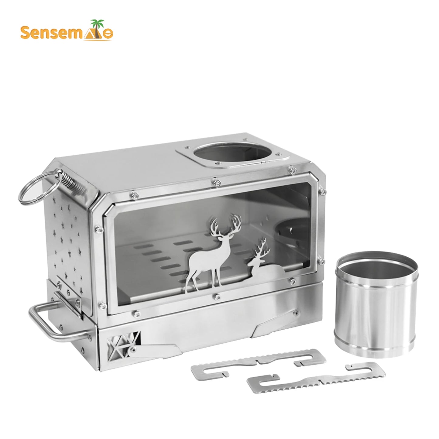 Portable Stainless Steel Wood Stove Camping Oven with Glass Window Folding Rocket Stove Mini Drawer for BBQ Grill Garden Hiking