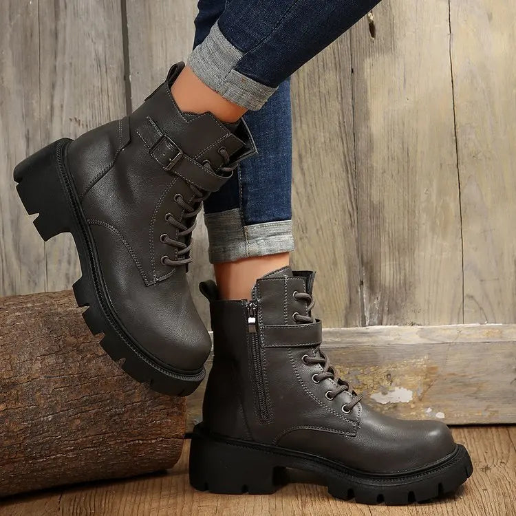 Platform Women Boots Fashion High Quality Women Ankle Boots Retro Round Toe  Motorcycle Boots Punk Style Women Shoes Botas Mujer
