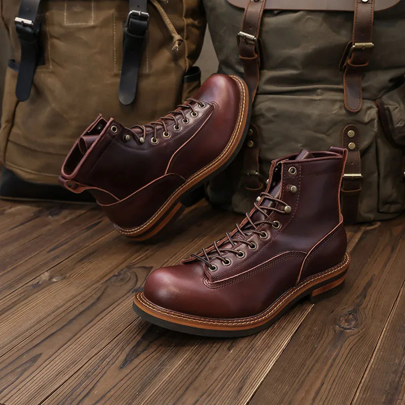 European Short-faced Leather Motorcycle Riding Boots Top Layer Cowhide Men's  Autumn Winter British Trendy Outdoor Shoes Male