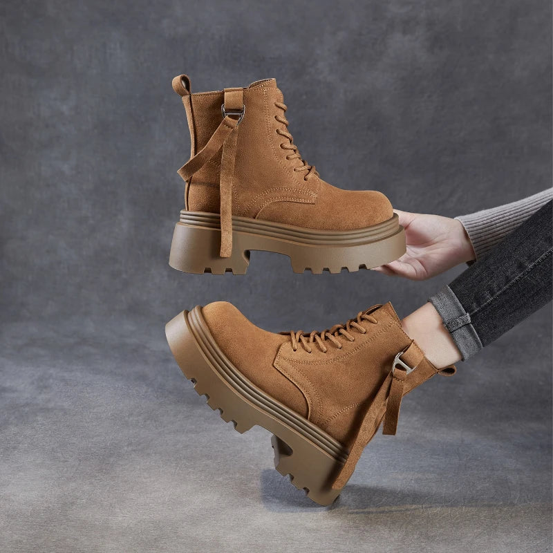 6.5cm Cow Suede Genuine Leather Women Booties Elthnic Pumps Comfy Ankle Knee High Spring Motorcycle Shoes Flats Platform Wedge