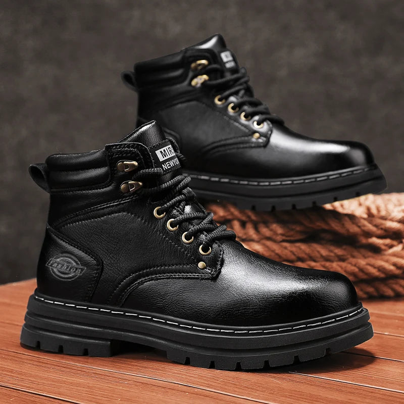 Autumn Winter Motorcycle Boots Handmade Vintage Mens Walking Shoes Casual Leather Ankle Boots Round Toe Lace-up Outdoor Footwear