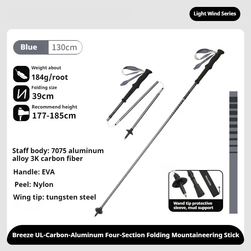 Naturehike Outdoor Alpenstock Carbon 4-sections Foldable Aluminum Alloy Ultralight Trekking Pole Adjustable Hiking Walking Stick