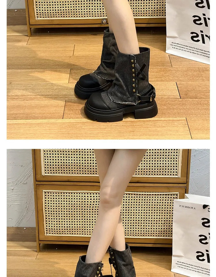 Fall Student Fashion Ankle Boots New Canvas Cowboy Shoes Women's Outdoor Platform Boots Luxury Designer Brand Motorcycle Boots