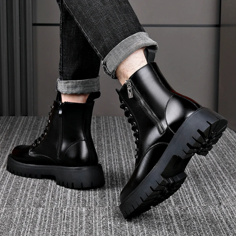 Retro Casual PU Leather Mens Motorcycle Boots Fashion Winter Plush Snow Boots Comfortable Leather High Top Shoes Man Warm Botas