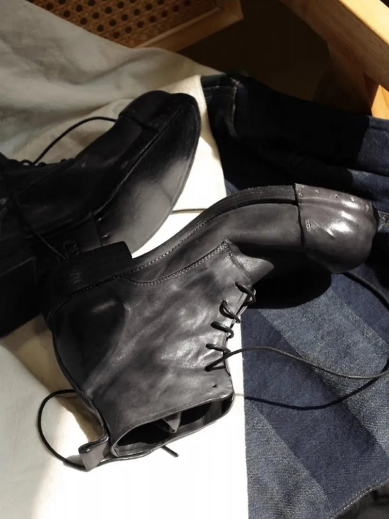 Retro Horsehide Genuine Leather Mens Boots Handmade Lace Up High Top Work Cargo Shoes High Quality Motorcycle Short Boots Male