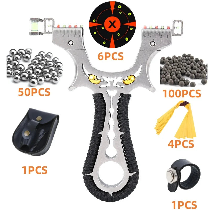 Powerful 304 Stainless Steel Slingshot Precise Shooting Outdoor Handle Hunting Catapult With Flat Rubber Band
