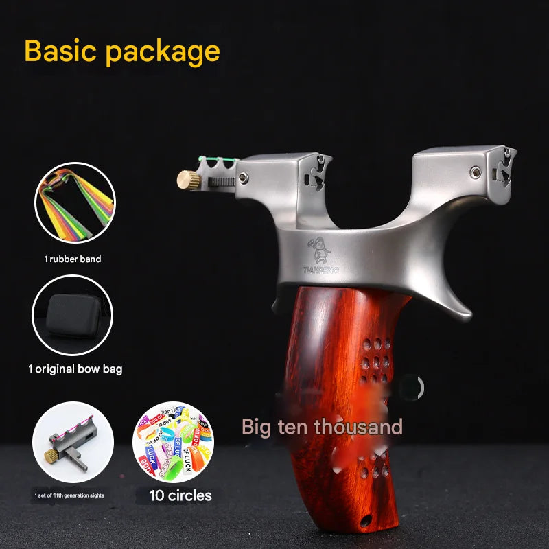 Powerful Stainless Steel Slingshot with Flat Rubber Band Outdoor Hunting and Shooting Combat Catapult with Wooden Handle