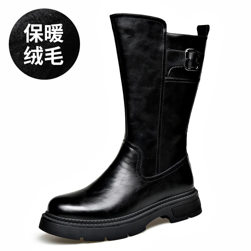 Tall Boots for Men Made of Leather with Increased Height and Soft Sole Western Cowboy Plush Insulation Knight Ankle Riding