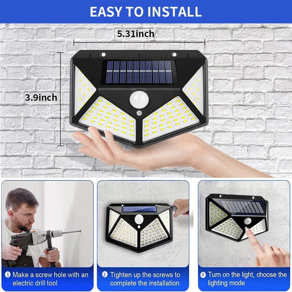 100 LED Wall Lights Outdoor Solar Lamp PIR Motion Sensor Solar Powered Sunlight Street Light for Garden Decoration