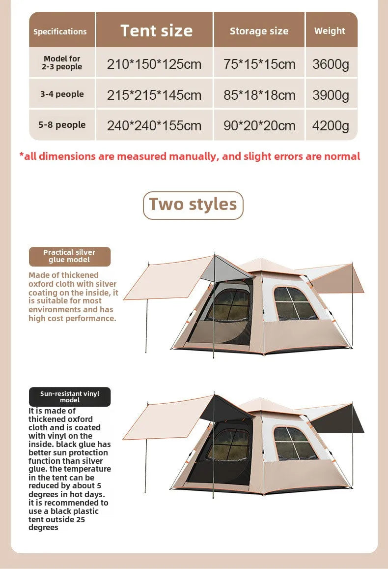 Outdoor Fully Automatic Quick-opening Two-in-one Canopy Vinyl Tent Double Doors and Double Windows 5-8 People Camping Tent