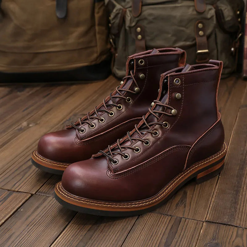 European Short-faced Leather Motorcycle Riding Boots Top Layer Cowhide Men's  Autumn Winter British Trendy Outdoor Shoes Male