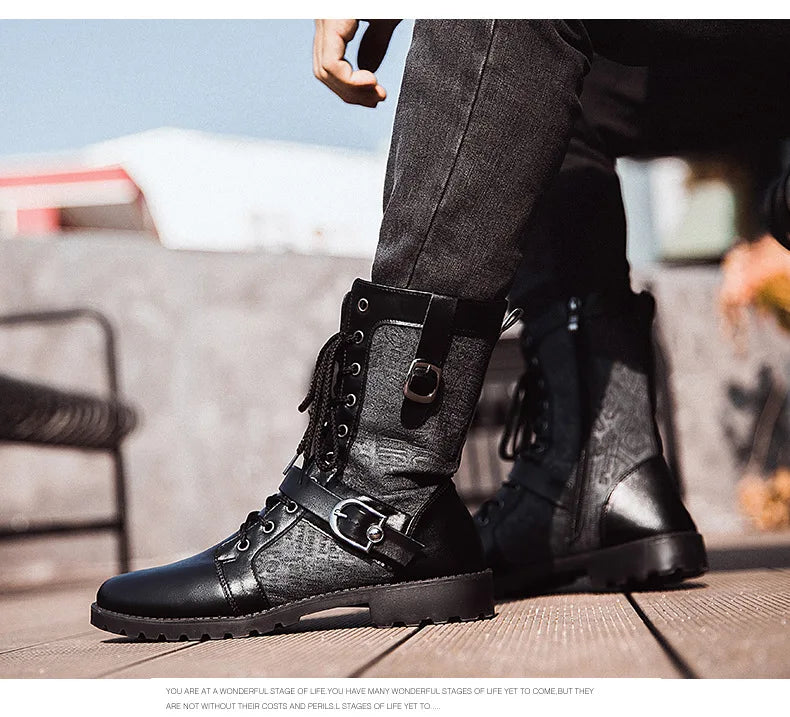 Retro Mid-Carf Punk Boots Winter Men's Plus Velvet Motorcycle Boots All-match Tooling Shoes Denim Mid-high Boots Men botas mujer