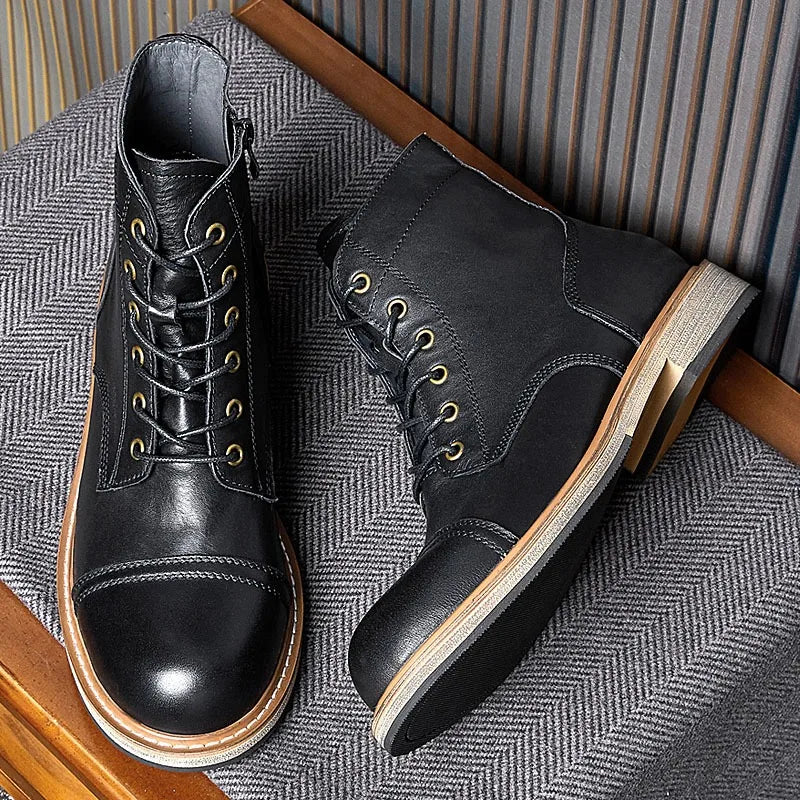 EU Size 38-44 Motorcycle Boots Men Cowhide Motorbike Ankle Boots Thick Soled High Top Western Work Boots Fashion Leather Shoes