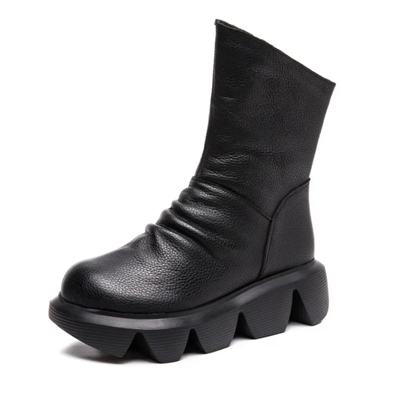 BEYARNE Ankle Boots Women Genuine Cow Leather Platform Bootie Side Zipper Soft Comfortable Autumn Winter Ladies Shoes Handmade